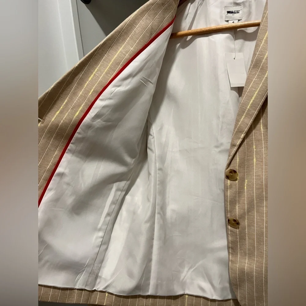 J. Crew Pinstripe linen-blend schoolboy blazer in Light Khaki Lurex Stripe 4 NEW - Picture 6 of 11